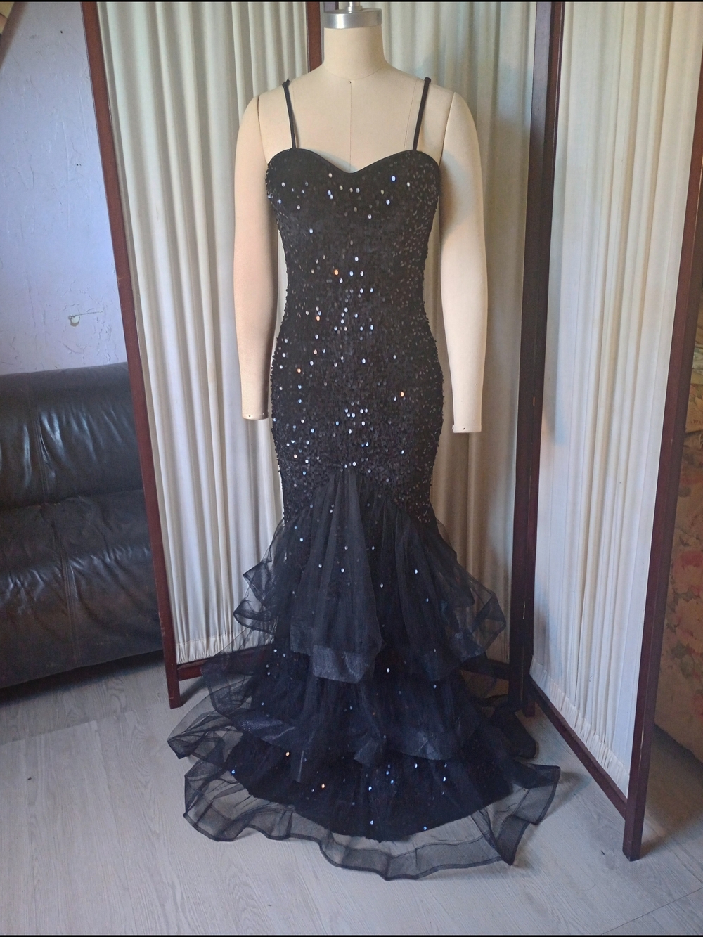Vintage 90s Black Sequin Mermaid Evening Dress xs
